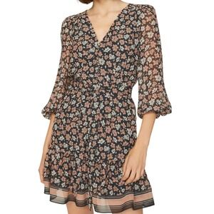 Club Monaco Floral 100% Silk Dress Women 10 V-Neck Fairy Balloon‎ Sleeve FLAWS